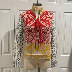 Red and Cream Fair Isle Lace-Up Women's Sweater